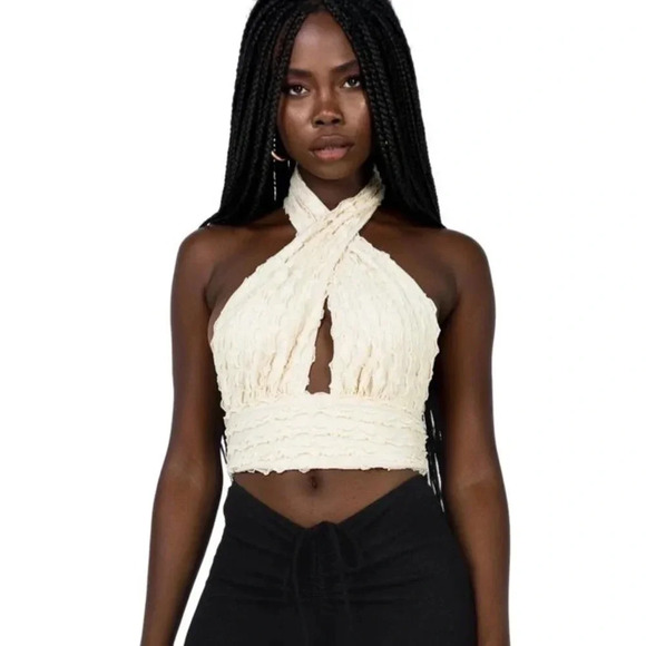 Princess Polly Chayse High Neckline Halter Crop Top |  Cream Size M / 10 - Picture 2 of 8